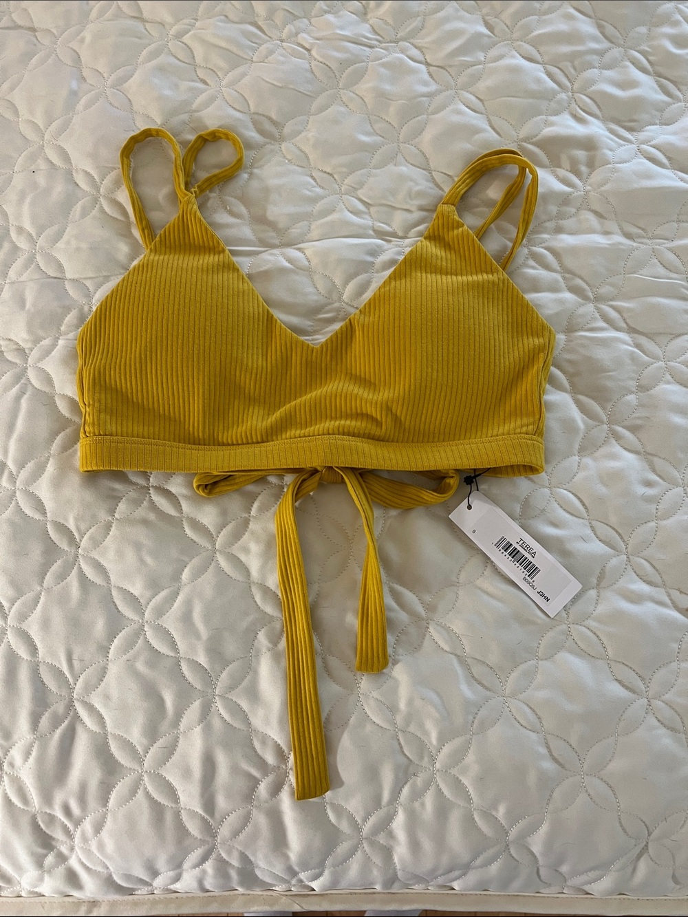 Ribbed V-Neck Tie-Back Crop Top — Mustard Yellow